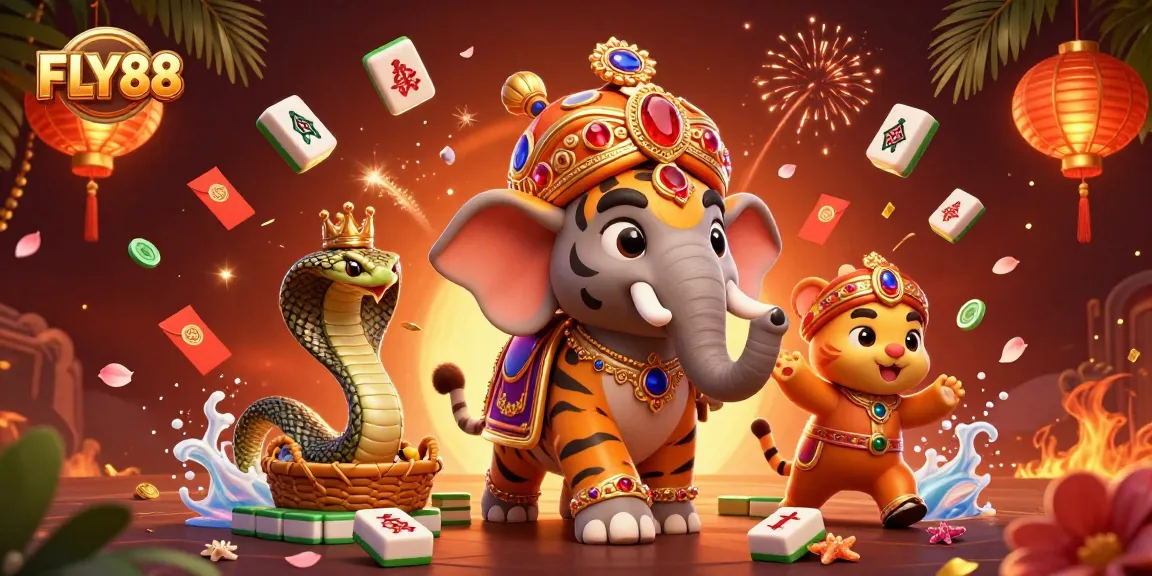 Participate in thrilling games at FLY88, featuring a rich casino scene including vibrant characters and game elements.