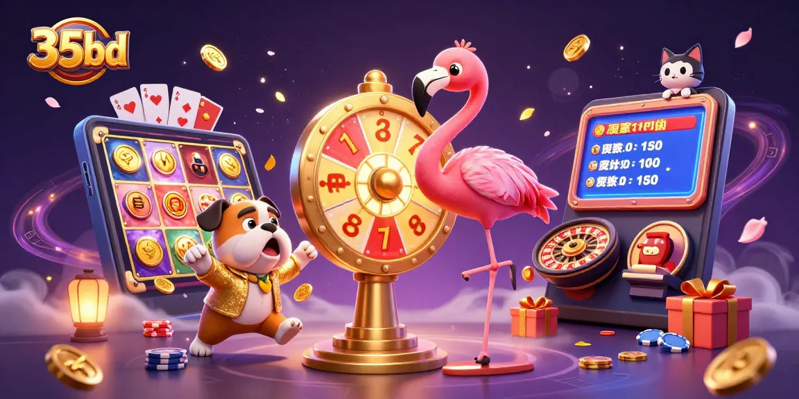 Exciting 35bd casino scene with a flamingo host, bulldog contestant, and cat assistant revealing prizes.