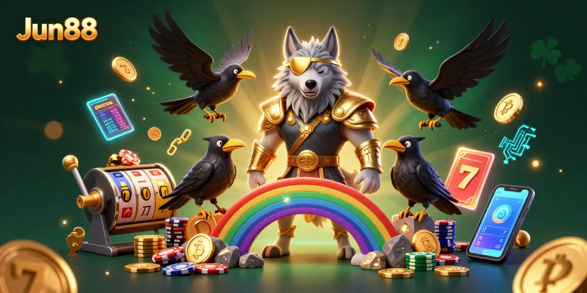 Experience gaming at Jun88 with Odin and mythical ravens amidst a dynamic casino setting.