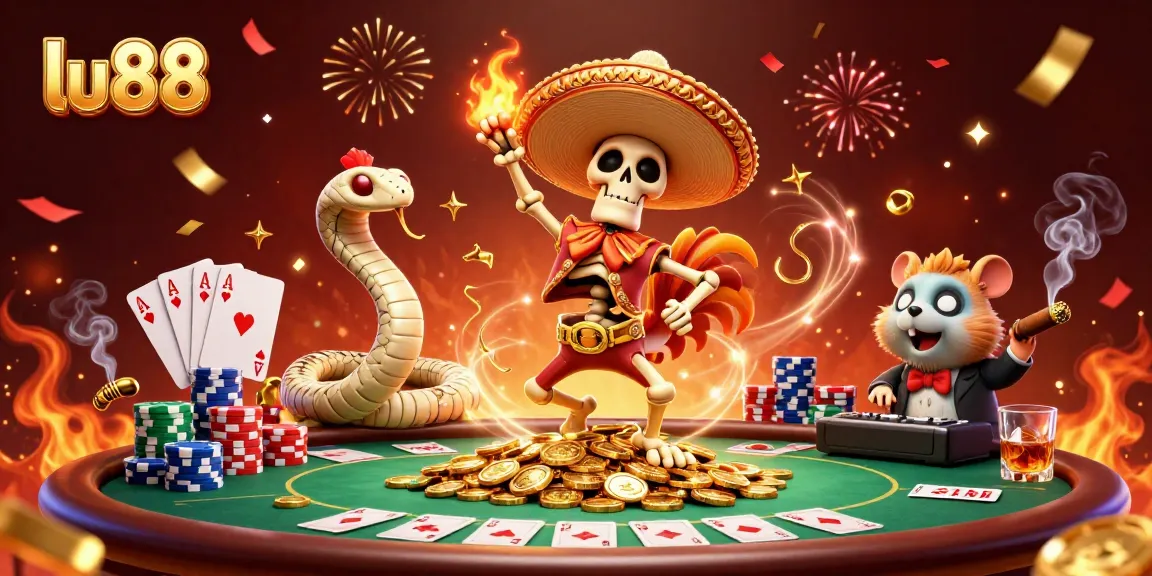 Experience the excitement of gambling at lu88 with vibrant 3D characters and casino elements in this festive scene.