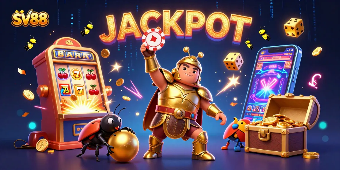 SV88 showcases a vibrant showdown with a gladiator beetle lifting a poker chip, celebrating a casino jackpot.