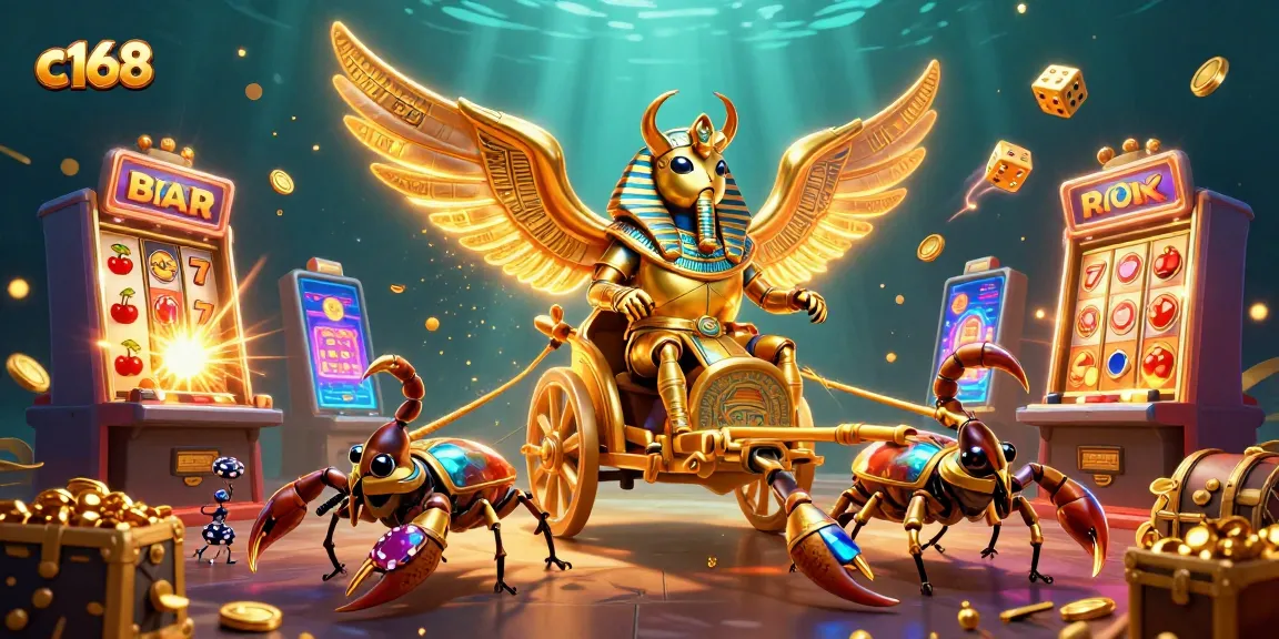 Engage with c168's thrilling online casino universe as the golden scarab beetle rides a chariot among jackpots and poker chips.