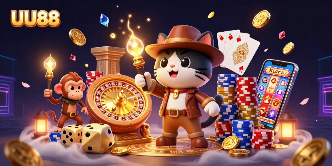 UU88's explorer cat discovers golden casino artifacts amid sparkling gems and coins.