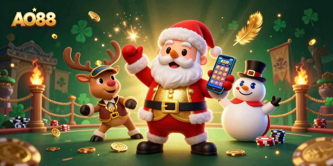 Celebrate big wins at AO88 with Santa and friends amidst a vibrant casino scene filled with excitement.