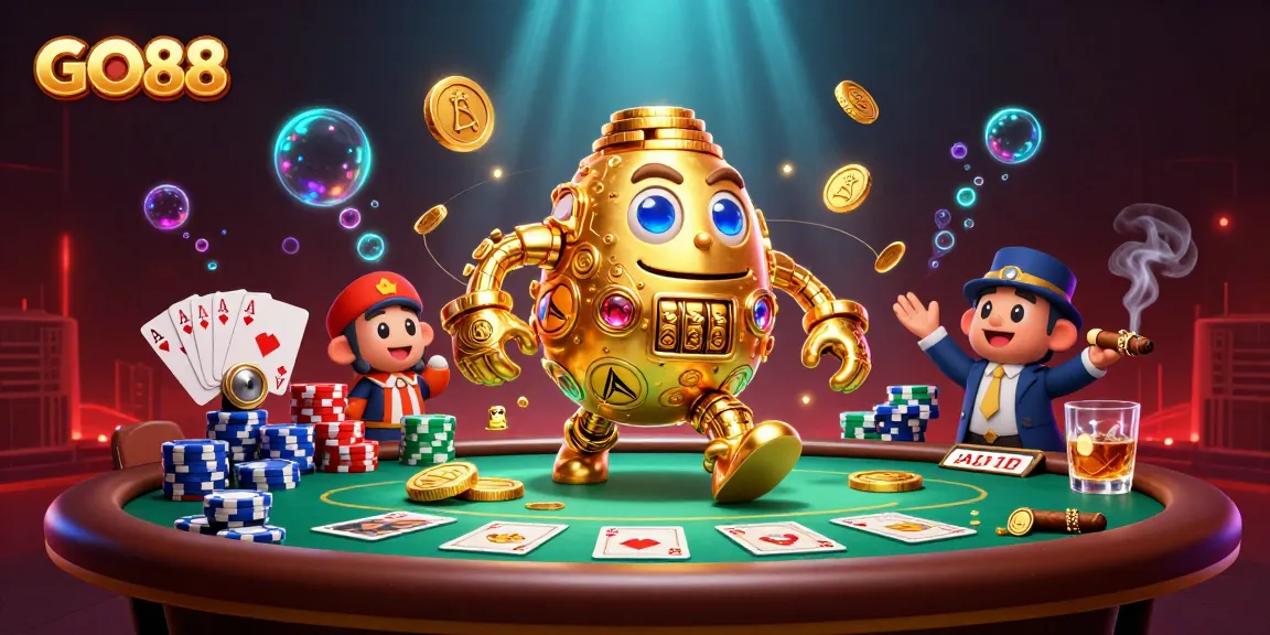 Experience thrilling gameplay at GO88 with vibrant poker scenes and a golden golem illustration.