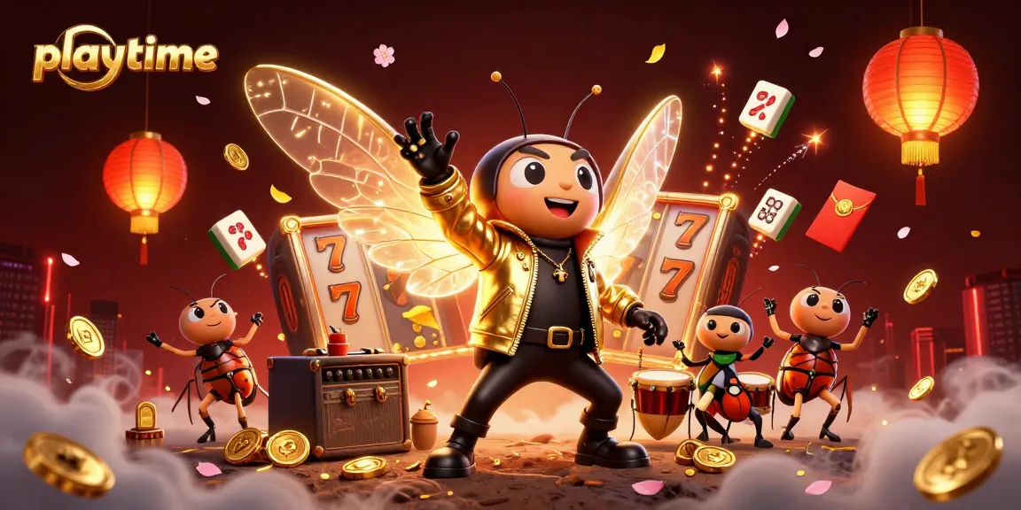 Experience playtime excitement with a vibrant 3D scene featuring a cicada rock star and dynamic casino elements.