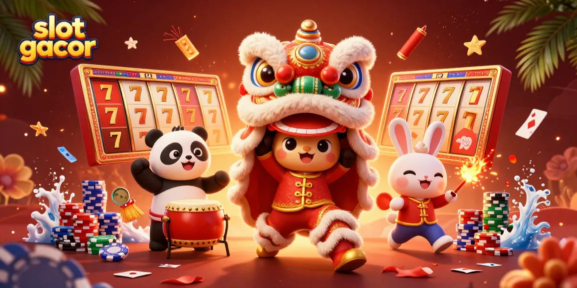 Experience slot gacor action with vibrant cartoon characters, slot reels, and dynamic casino elements.