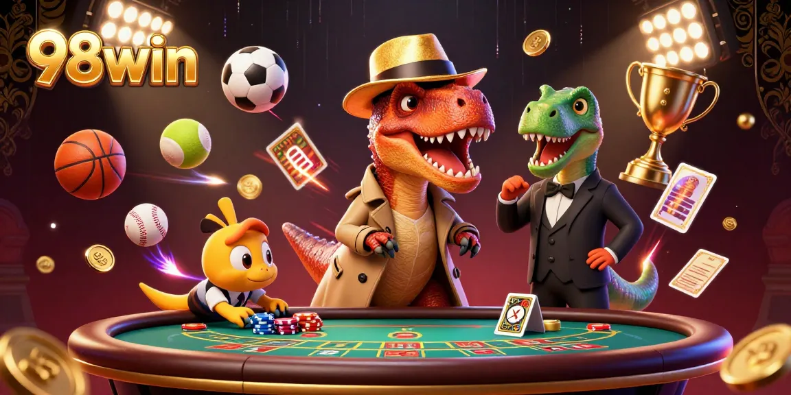 98win shines as a velociraptor card counter at a lively blackjack table amidst dynamic sports elements.