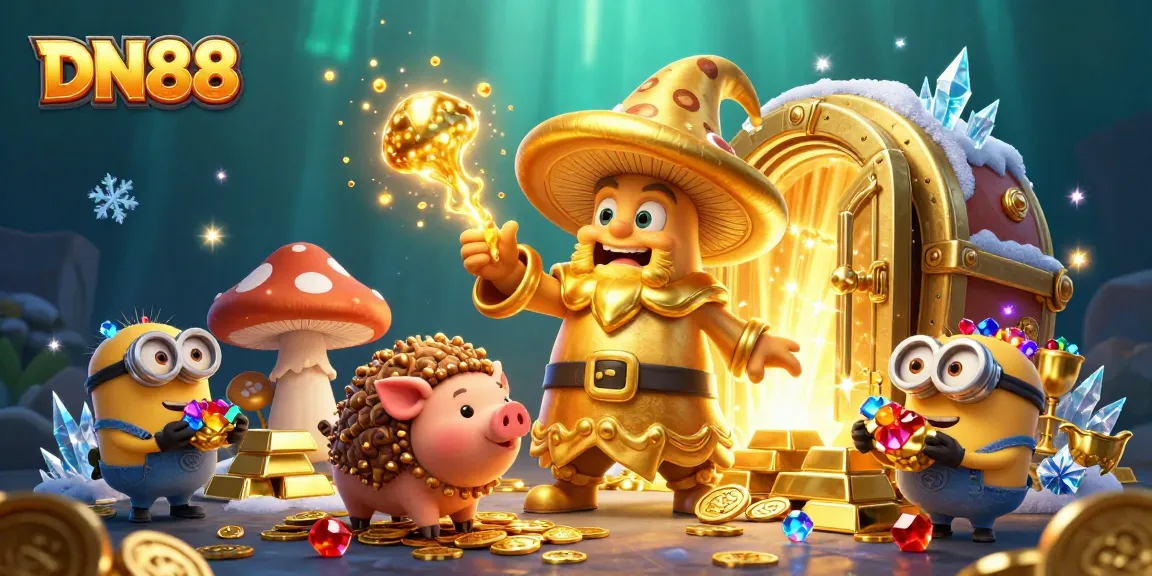 Experience enchanting wins at DN88 as a magical wizard conjures gold and treasures in a vibrant casino setting.