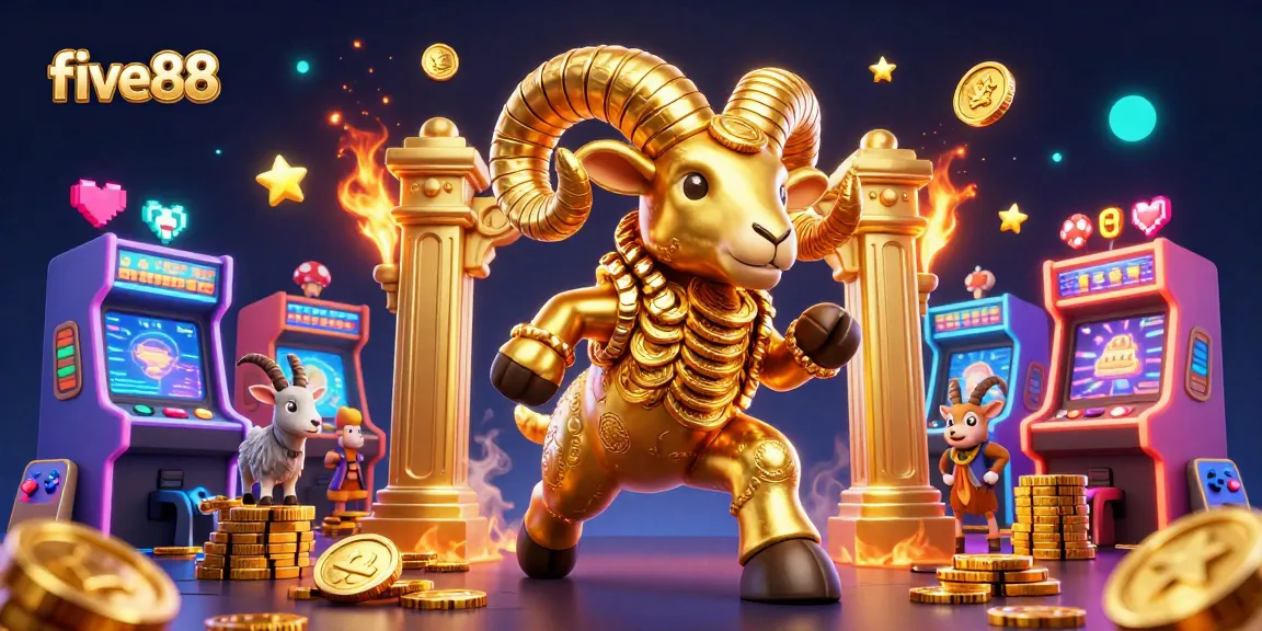 Experience excitement at five88 with a golden ram charging through a casino-themed illustration.