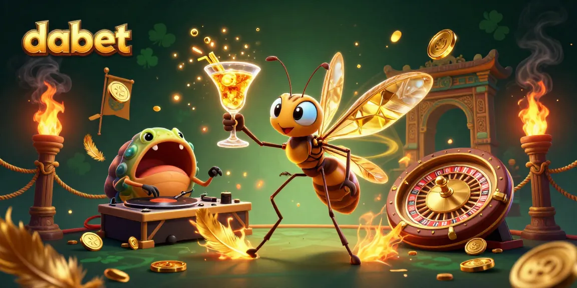 Dabet casino illustration featuring a frozen-in-amber mosquito mascot and a trilobite DJ at a vibrant casino scene.