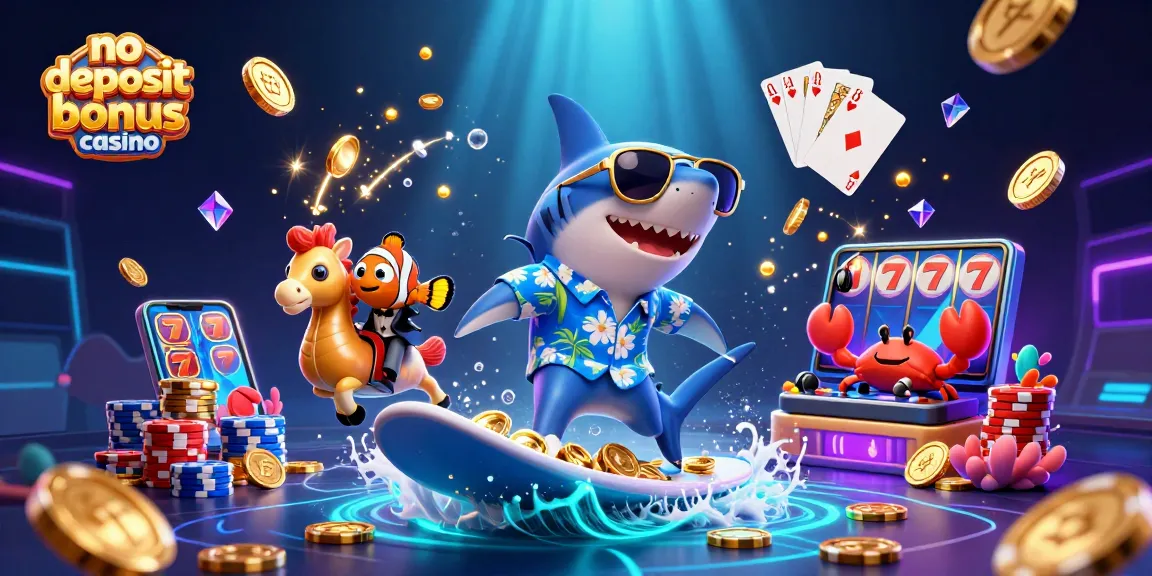 Engage with exciting no deposit bonus casino action featuring 3D characters amidst sparkling gems and gold coins.