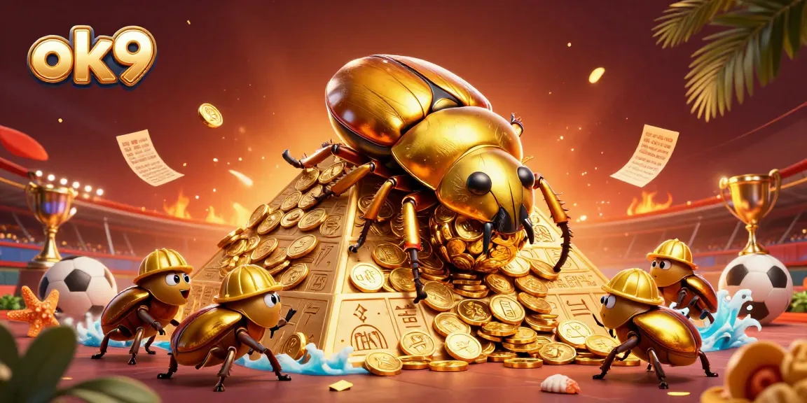Experience exciting sports betting with ok9 as a golden beetle rolls coins, capturing the thrill of winning.