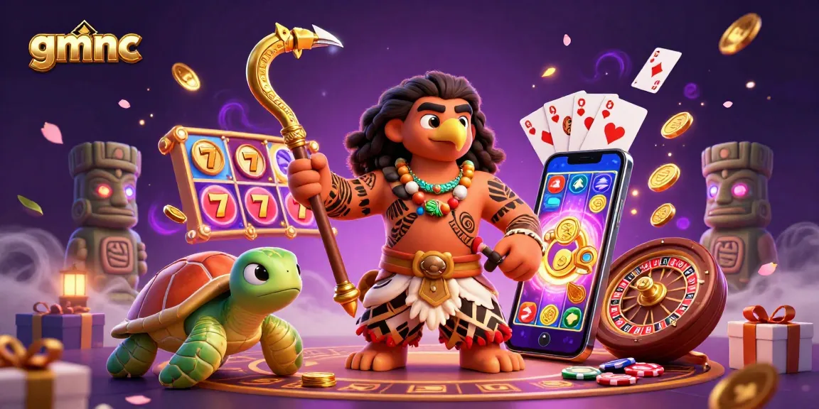 Spin the reels with gmnc at this vibrant casino-themed illustration featuring characters and elements from gaming.