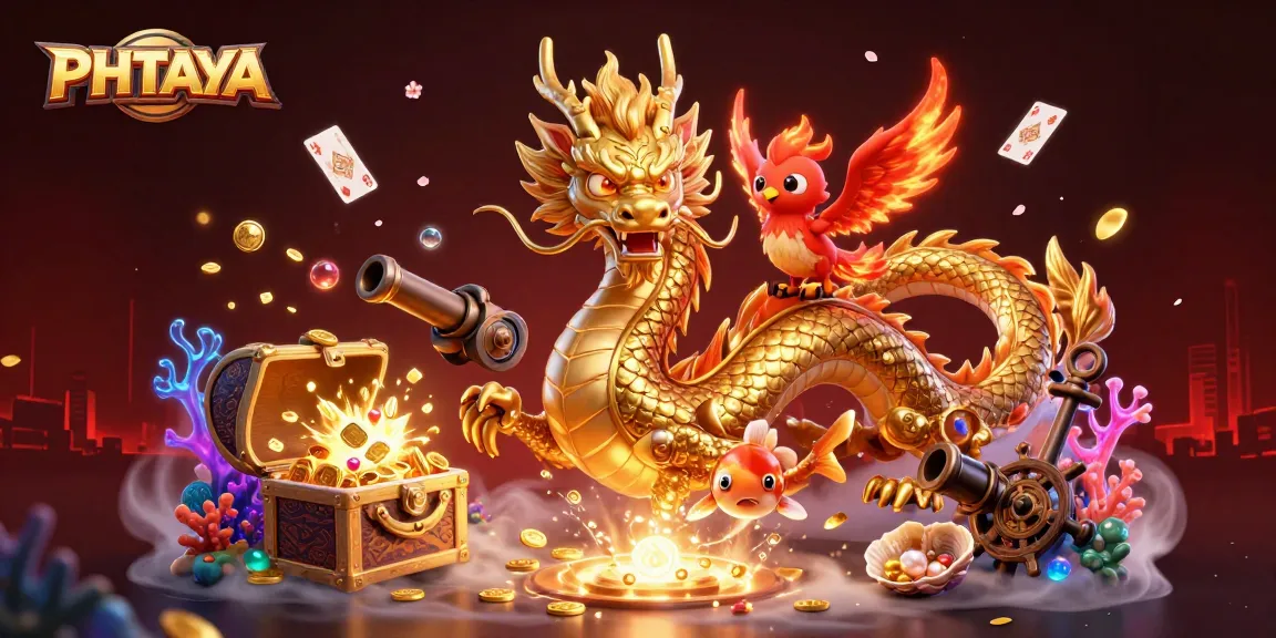 PHTAYA showcases a dynamic scene with a golden dragon, phoenix, and koi fish, symbolizing excitement in gambling.