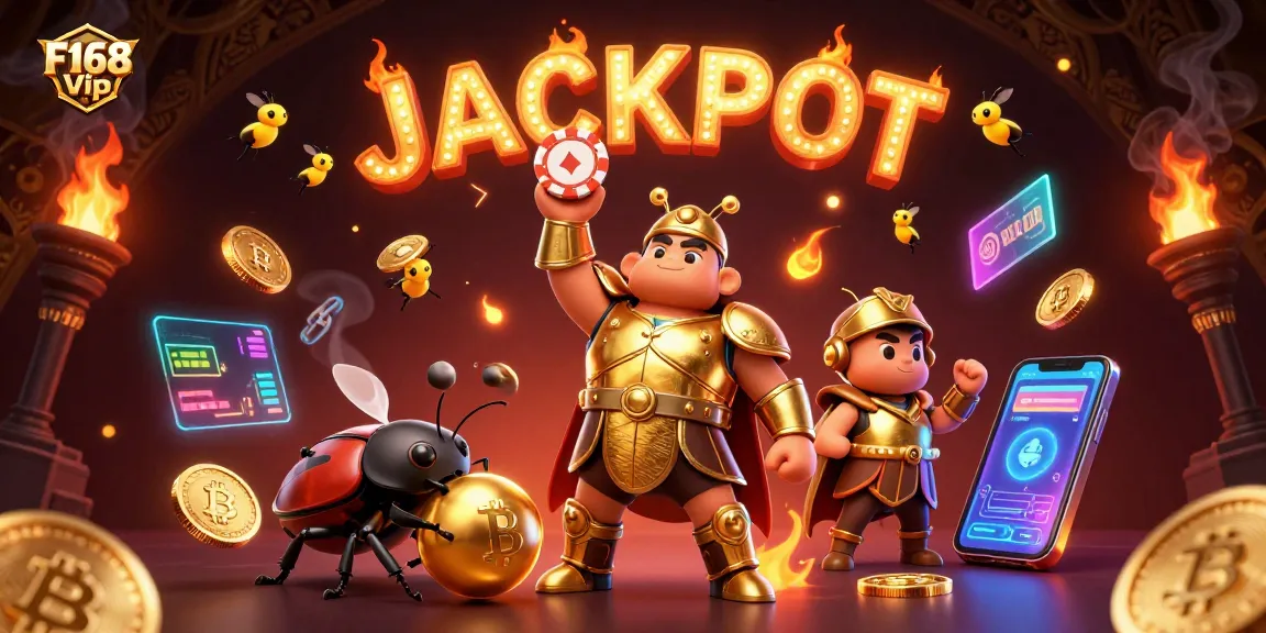 Engage with F168 Vip and celebrate victories with golden beetles and glowing coins in this vibrant gaming scene.