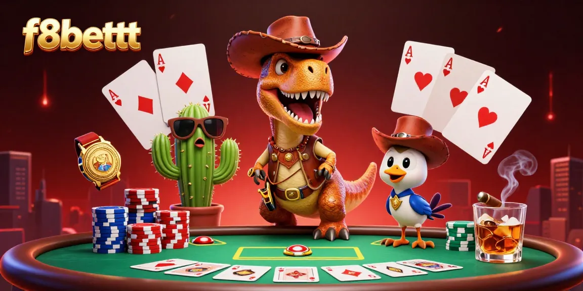 Engage with the vibrant scene featuring f8bettt, where a cowboy dinosaur and friends enjoy a thrilling poker game.